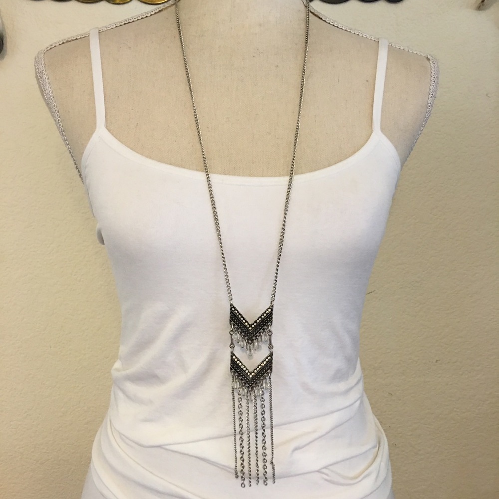 Rhinestone and bead tiered tassel long necklace